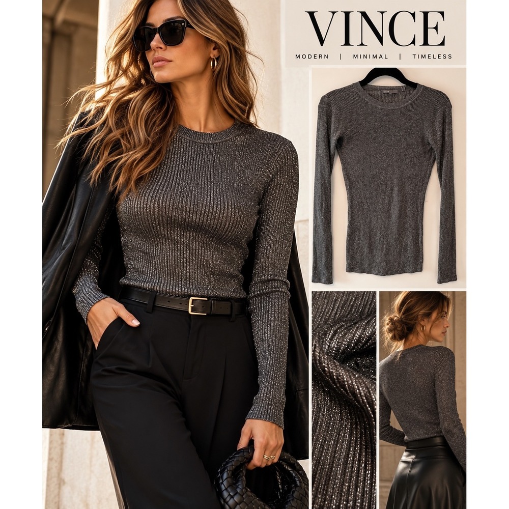 Vince M Gunmetal Metallic Ribbed Sweater Top Sheer Slim Fit Y2K Minimalist